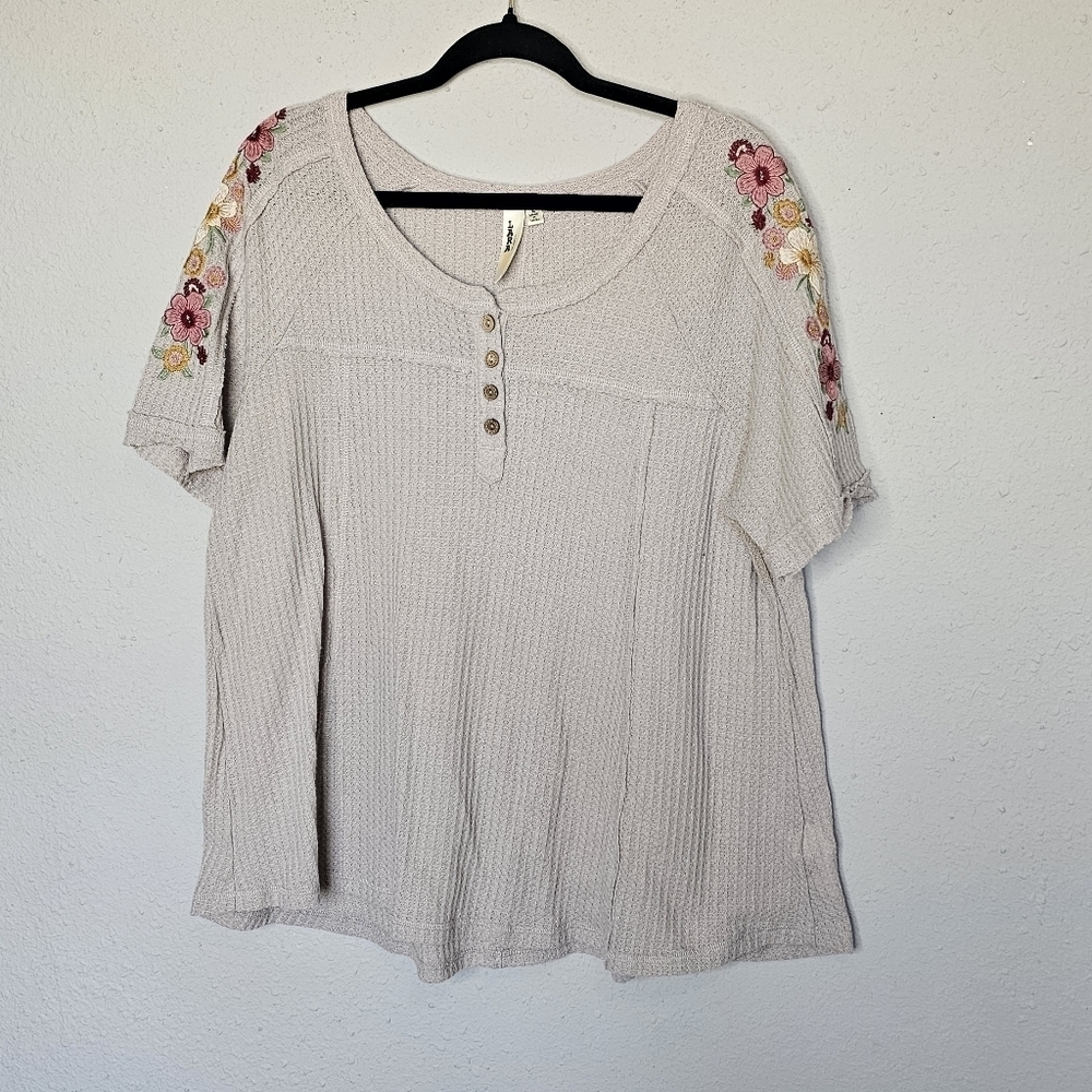 Lara Fashion Womens Waffle Knit Henley Top Floral Embroidered Mauve Large‎